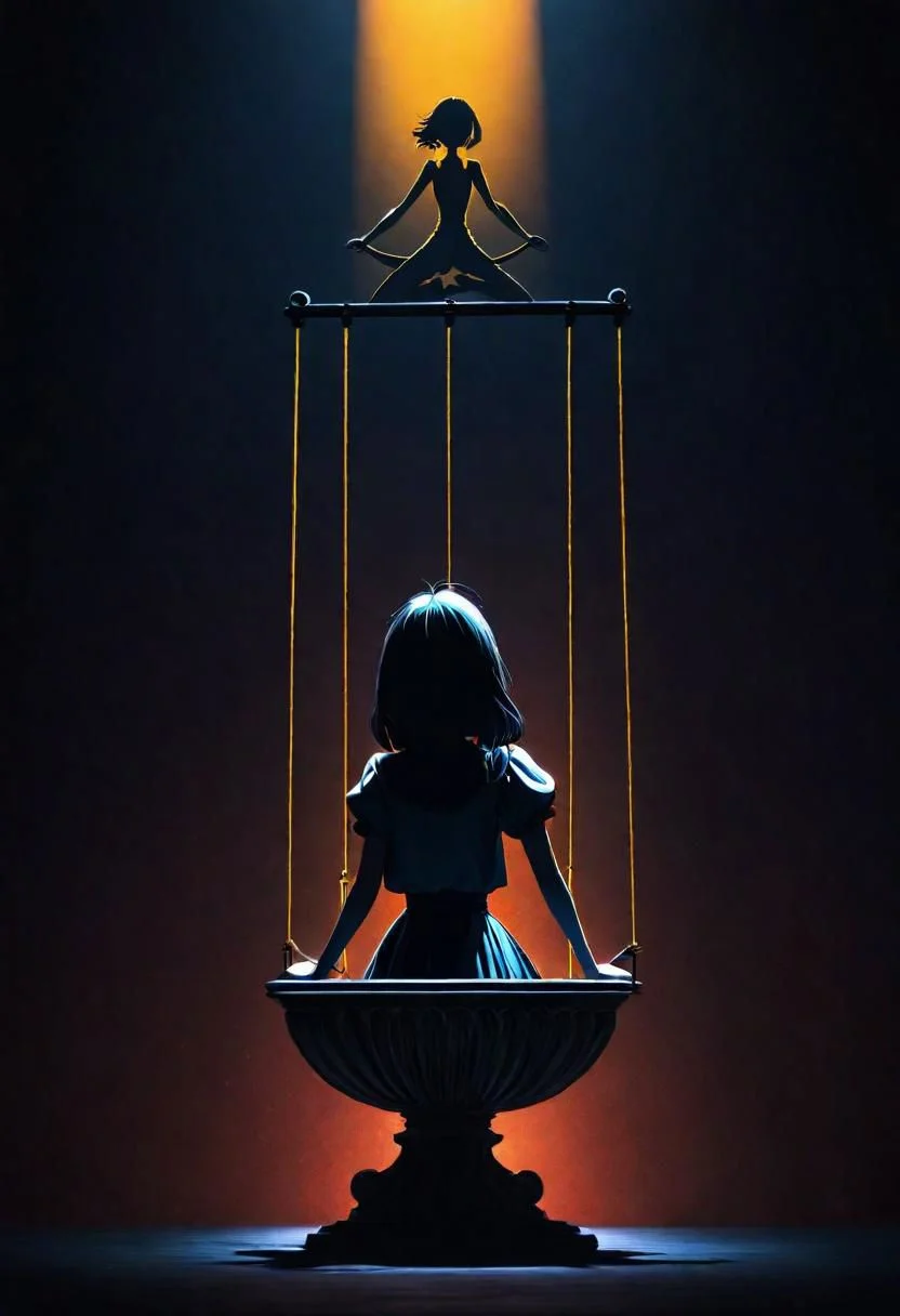 Generate an illustration of an anime puppeteer manipulating shadows and strings, symbolizing the art of puppeteer moves in dark psychology. The figure should have a mysterious aura., poster, typography, vibrant, cinematic, photo, 3d render