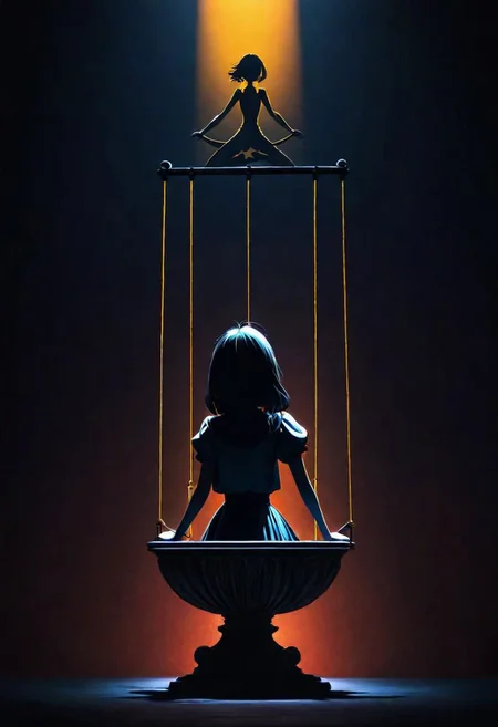 Generate an illustration of an anime puppeteer manipulating shadows and strings, symbolizing the art of puppeteer moves in dark psychology. The figure should have a mysterious aura., poster, typography, vibrant, cinematic, photo, 3d render