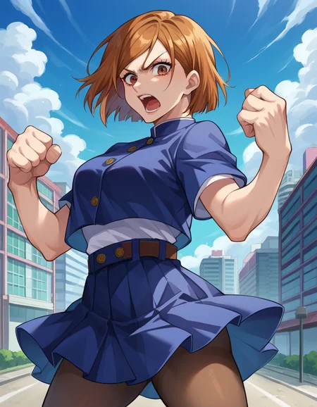 score_9, score_8_up, score_7_up, source_anime,
nobarakugisaki, <lora:nobara-kugisaki-ponyxl-lora-nochekaiser:1>,
nobara kugisaki, bob cut, brown eyes, brown hair, lips, short hair,
belt, brown belt, brown pantyhose, crop top, crop top overhang, jujutsu tech uniform, pantyhose, pleated skirt, shirt tucked in, skirt, blue skirt, blue crop top,
outdoors, cityscape, fighting stance, shouting, open mouth,
looking at viewer, cowboy shot, dutch angle,