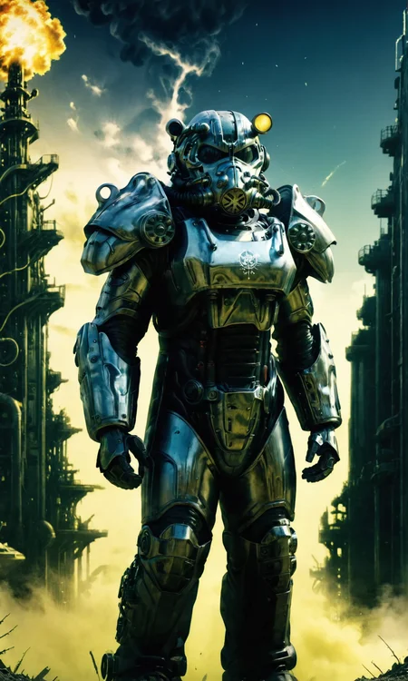 3d render style, 8k, high resolution, high contrast, crisp, sharp, UHD, HDR, ((masterpiece, best quality)), absurdres, solo, (screencap), highly detailed, dark scenery, (((portrait))),
<lora:Liquid_Chrome_Style_-_SDXL:0.8> T-60 power armor made out of liquid chrome, post apocalyptic style, intricate, In the style of the Fallout series video games,
<lora:Power Armour v2.0:0.8> T-60 power armor, science fiction, solo, gun, green sky, scenery, gas mask, radiation cloud, mask, cable, standing, holding a gun weapon, 
<lora:- SDXL - sqrhmmr _Square-Hammer_Style_V1.0:1> ((tint, glow, sqrhmmr style, green and yellow)),