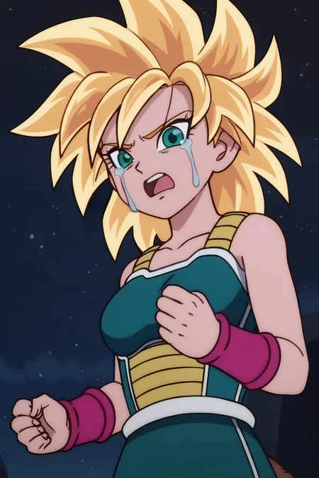 source_anime, score_9, score_8_up, score_7_up, anime screencap, absurd res, official style,
1girl, solo, breasts, looking at viewer, open mouth, night, blonde hair, tears, bare shoulders, medium breasts, collarbone, upper body, clenched teeth, green eyes, pink wristband, clenched hands, d:, saiyan armor, green skirt, eyelashes, eyebrows, green saiyan armor, white trim, angry, golden aura,
<lora:gine_pony_v4:0.8>