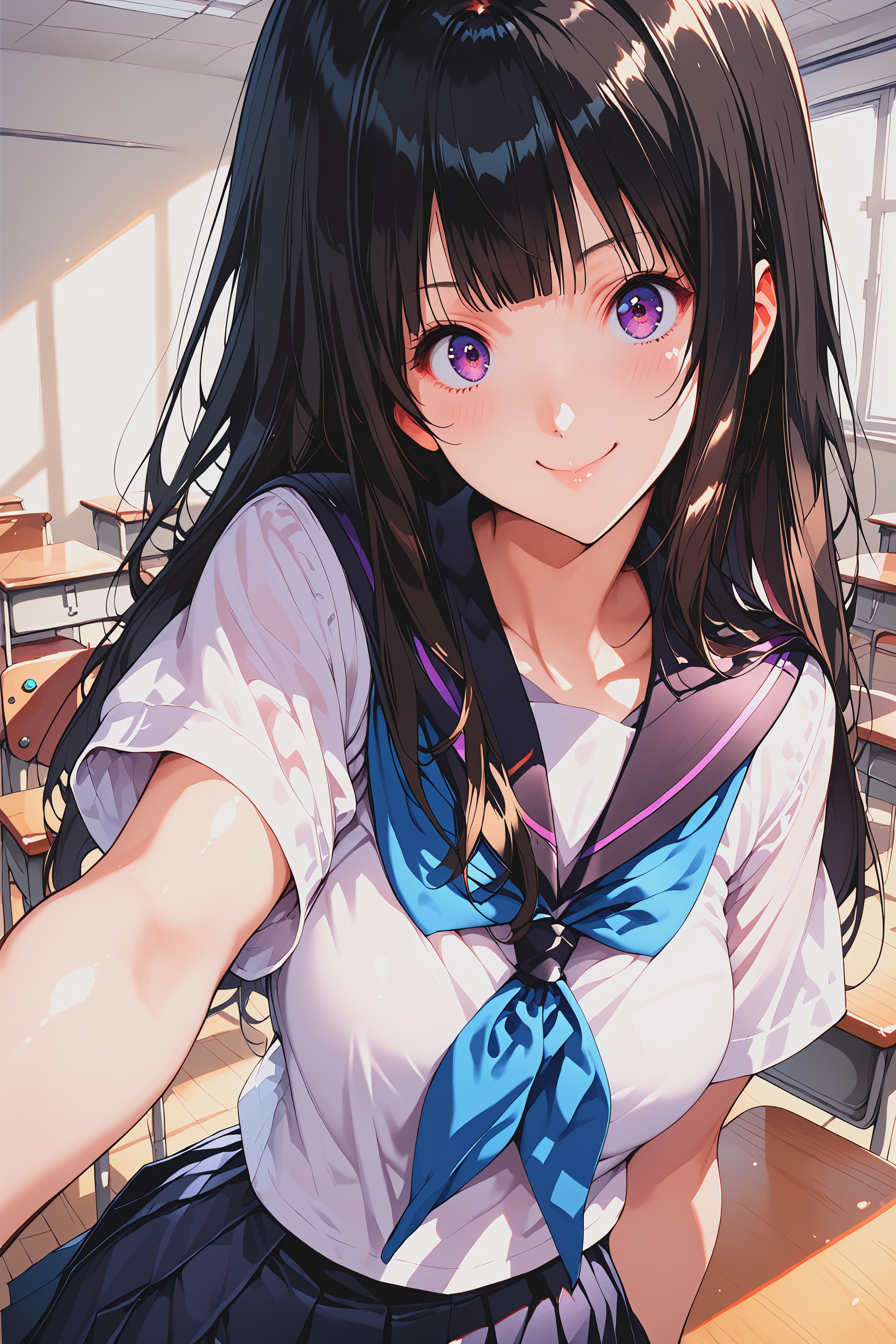 score_9, score_8_up,  score_7_up, source_anime,
ceiiai ceiistyle, 
 eerru,  
long hair, purple eyes, black hair, blunt bangs, sidelocks, 
school uniform,  kamiyama high school uniform (hyouka), sailor collar, black sailor collar, serafuku, shirt, short sleeves, neckerchief, blue neckerchief, black skirt, pleated skirt,
smile, looking at viewer, closed mouth, blush, wide-eyed, 
classroom,