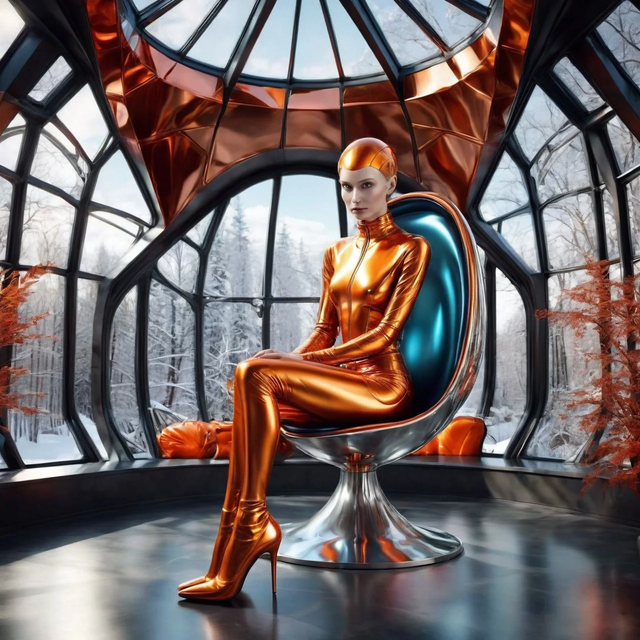 Award-winning stylish Russian female alien sitting in a modern chair in a futuristic cs-m3tal-ok_v06-1000 Victorian conservatory with modern lighting. volcanic color palette. A large window has a view of a magnificent winter landscape, footbridge outside. Very detailed, intricate, photorealistic, crisp edges.