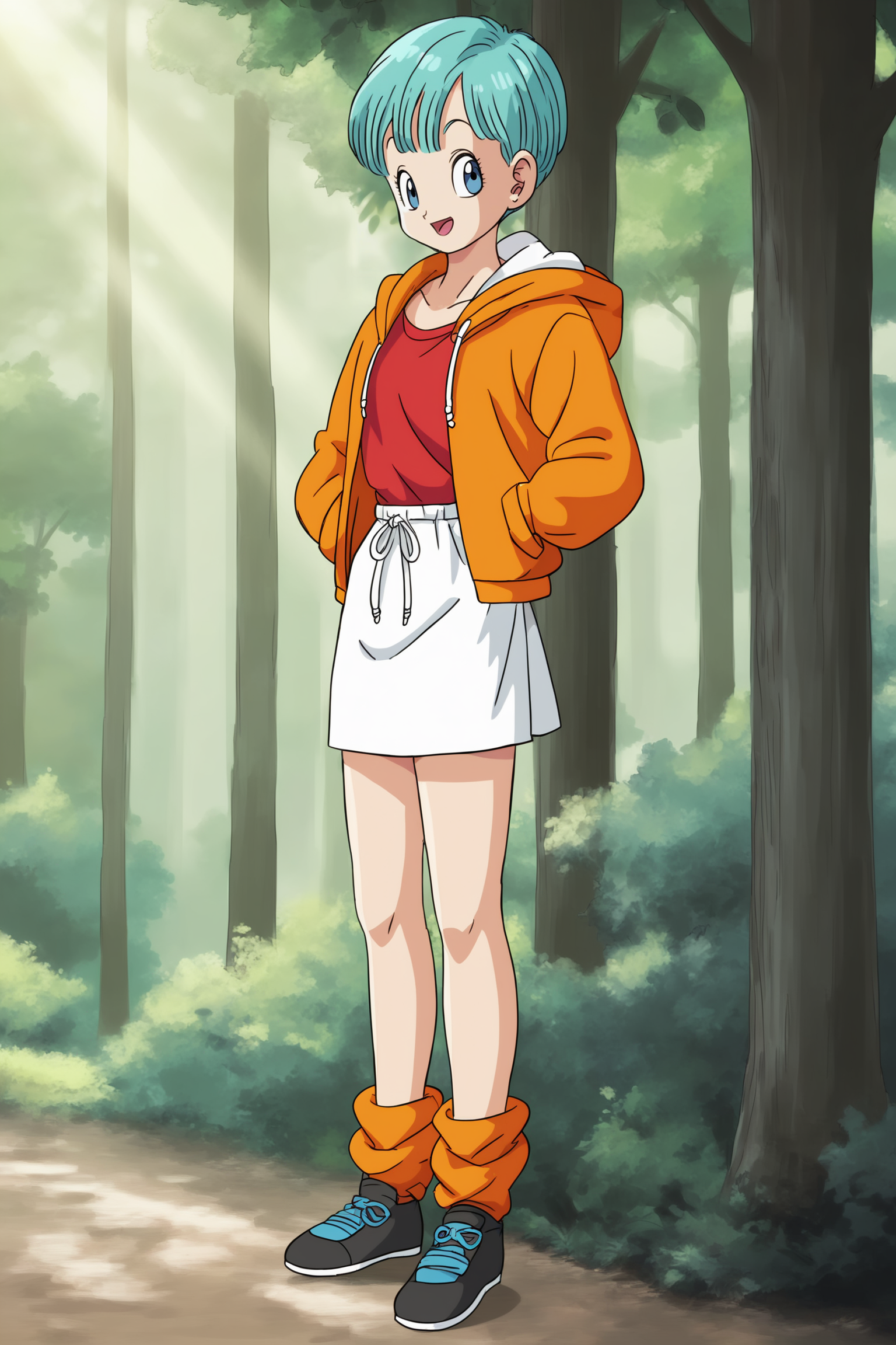 source_anime, score_9, score_8_up, score_7_up, anime screencap, absurd res,
bulma, dragon ball \(classic\), teenage, 22nd outfit, official style, 1girl, solo, very short hair, open mouth, bangs, blue eyes, nature, outdoors, shirt, sky, day, standing, hoodie, open hoodie, drawstring clothing, glistening eyes, red shirt, orange hoodie, orange legwear, miniskirt, full body, sleeves past wrists, shoes, hood, aqua hair, white skirt, loose socks, arm at side, hand in pocket, black footwear, eyebrows, eyelashes, dappled sunlight, 
 <lora:DB_Bulma_v2-000046:0.8>