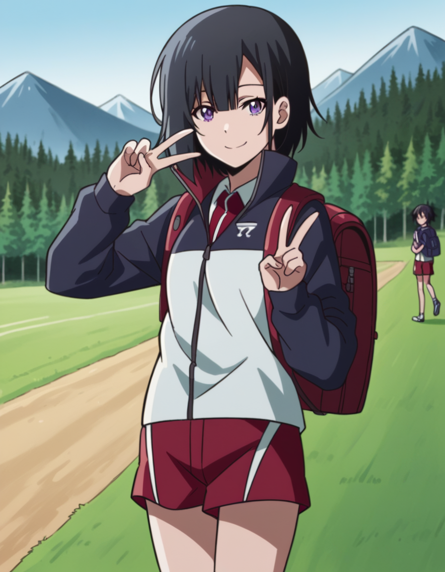 score_9, score_8_up, score_7_up, source_anime, <lora:yuika-shiwahime-s1-ponyxl-lora-nochekaiser:1>, yuika shiwahime, short hair, black hair, purple eyes,, shirt, jacket, necktie, shorts, sleeves past wrists, track jacket,, mountain trail, hiking, nature, backpack, adventure, fresh air, smile, looking at viewer, v, v over eyes,, solo,, dutch angle, cowboy shot
