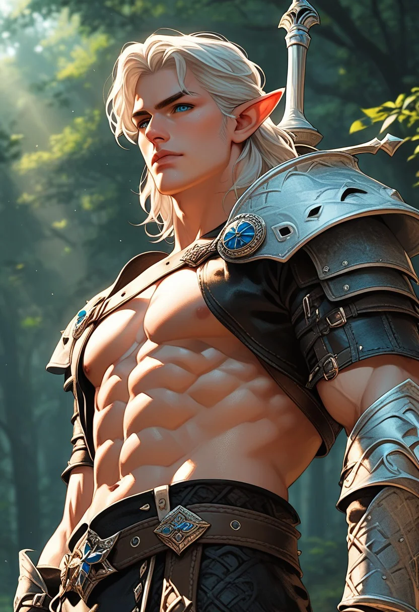 (score_9, score_8_up), score_7_up, solo, mythp0rt, half body shot, 1boy, handsome, a black witcher outfit , pointy elf ears, white hair, short, hair, fair skin, blue eyes, framed body, chiseled refined manly features, muscular, black leather armor, sword, forest, dappled sunlight, upper body, looking at viewer, shine, shine of steel, from below .