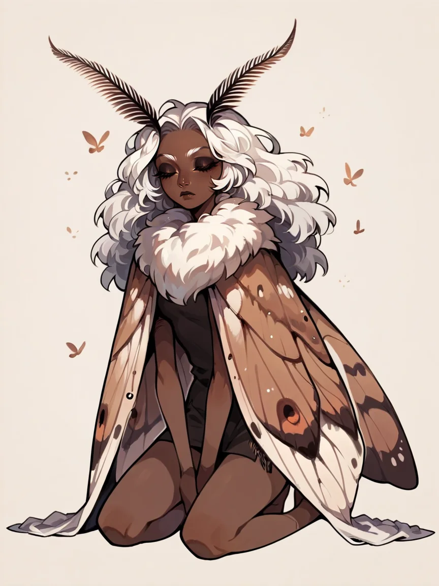 score_9, score_8_up, score_7_up, score_6_up, score_5_up, <lora:mothXLP:1> moth, 1girl, solo, arthropod girl, dark skin, closed eyes, dark-skinned female, long hair, white hair, wings, kneeling, insect wings, monster girl, antennae, simple background, makeup