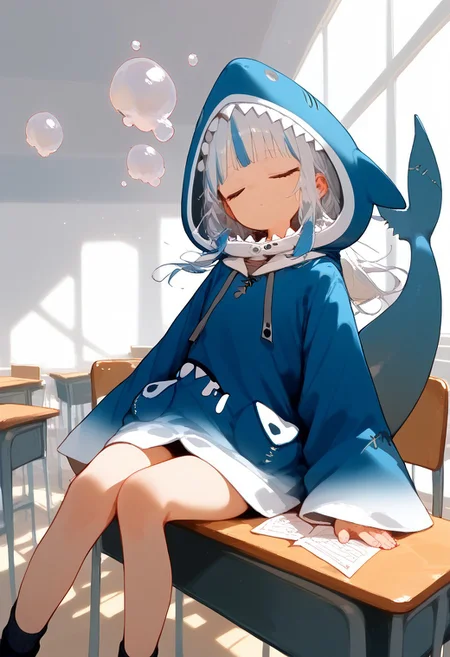 score_9, score_8_up, score_7_up, score_6_up, source_anime, 
1girl, gawr gura, blue hoodie, shark hood, shark tail,BREAK, sleeping, desk, classroom, windows, sun shinning, floating, dreaming, dream, bubbles, (lay in floating bubble:1.5)