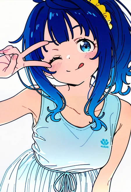 (masterpiece, best quality, very awa, newest, very aesthetic, highres, absurdres:1.2), simple background, white background, <lora:kanzaki.il:0.9>, kanzaki , BREAK
1girl, solo, <lora:MakeHeroineGaOosugiru_YanamiAnna_IlluXL:0.85> ponytail, long hair, blue hair, blue eyes, ahoge, hair scrunchie, yellow scrunchie, hand up, one eye closed, tongue out, smile, v,
sleeveless dress, white dress, waist ribbon, cowboy shot, BREAK
<lora:spo_sdxl_10ep_4k-data_lora_webui:0.85> ,<lora:illustrious_noobai_epsilon_pred_1_best_quality_v1:0.7>,
<lora:ai_styles_collection_noob_eps-1.1_v3.1:0.5> <lora:illustrious_noobai_epsilon_pred_1_masterpieces_v1:0.7>