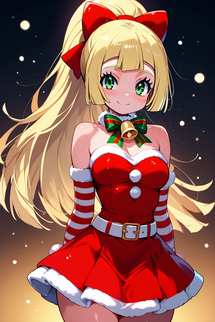 score_9, score_8_up, score_8, medium breasts, (curvy), cute, eyelashes, ,,, , zzPLillie, green eyes, blonde hair, hair bow, long hair, ponytail, bow, christmas, dress, bare shoulders, bell, striped, red dress, neck bell, belt, <lora:PeppermintLilliePDXL:1.0>, ,,,, BREAK, smile, looking at viewer, cowboy shot, ,,, embedding:zPDXL, Expressiveh, ,,, <lora:Zankuro_Style_PDXL:0.8> <lora:SDXLFaeTastic2400:0.5>, <lora:Expressive_H-000001:0.4>,