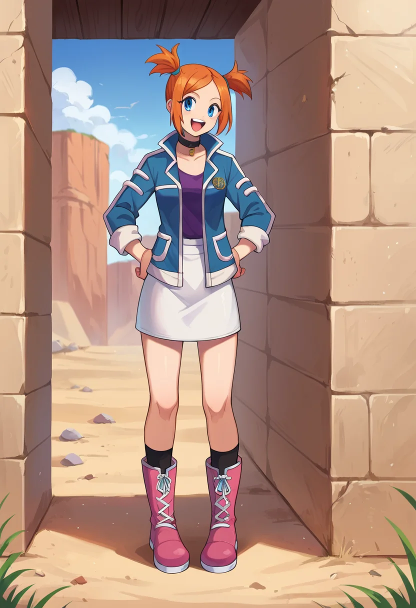 PonyXLV6_Scores,1girl,ruipc, <lora:Ruipcpony:0.8>, standing,full body,facing viewer,hands on hips,happy,:d,short hair,short twintails,orange hair,blue eyes,choker,,jacket,skirt,boots,pink footwear,outdoors,desert
