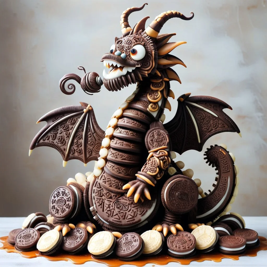 a majestic dragon curled around a tower made of creamy cookies, scales shimmering with frosting gradients and caramel highlights, smoke curling from its nostrils made of spun sugar strands, eyes glowing like melted chocolate pools, made of creamy cookies