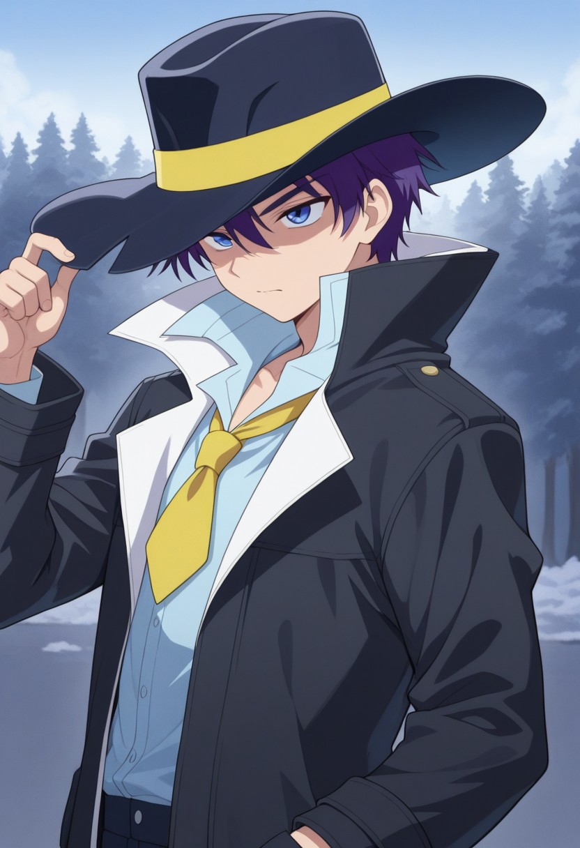 masterpiece,best quality,amazing quality, source_anime, 
sheido, 1boy, male focus, solo, blue eyes, purple hair, hat, black headwear, shirt, blue shirt, popped collar, necktie, yellow necktie, coat, black coat, open coat,
outdoor,