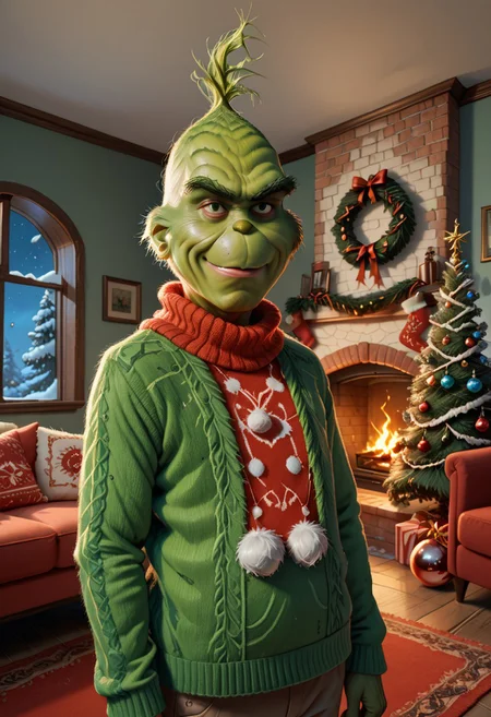 score_9, score_8_up, score_7_up, rating_safe, zzGrinch, 1boy, male focus, green skin, solo, evil smile, wearing ugly Christmas sweater, house fire, chrlib, scenery, indoors, living room, night, oven, christmas tree, christmas ornaments, red carpet, perfect details, close view, winter, portrait, dutch angle