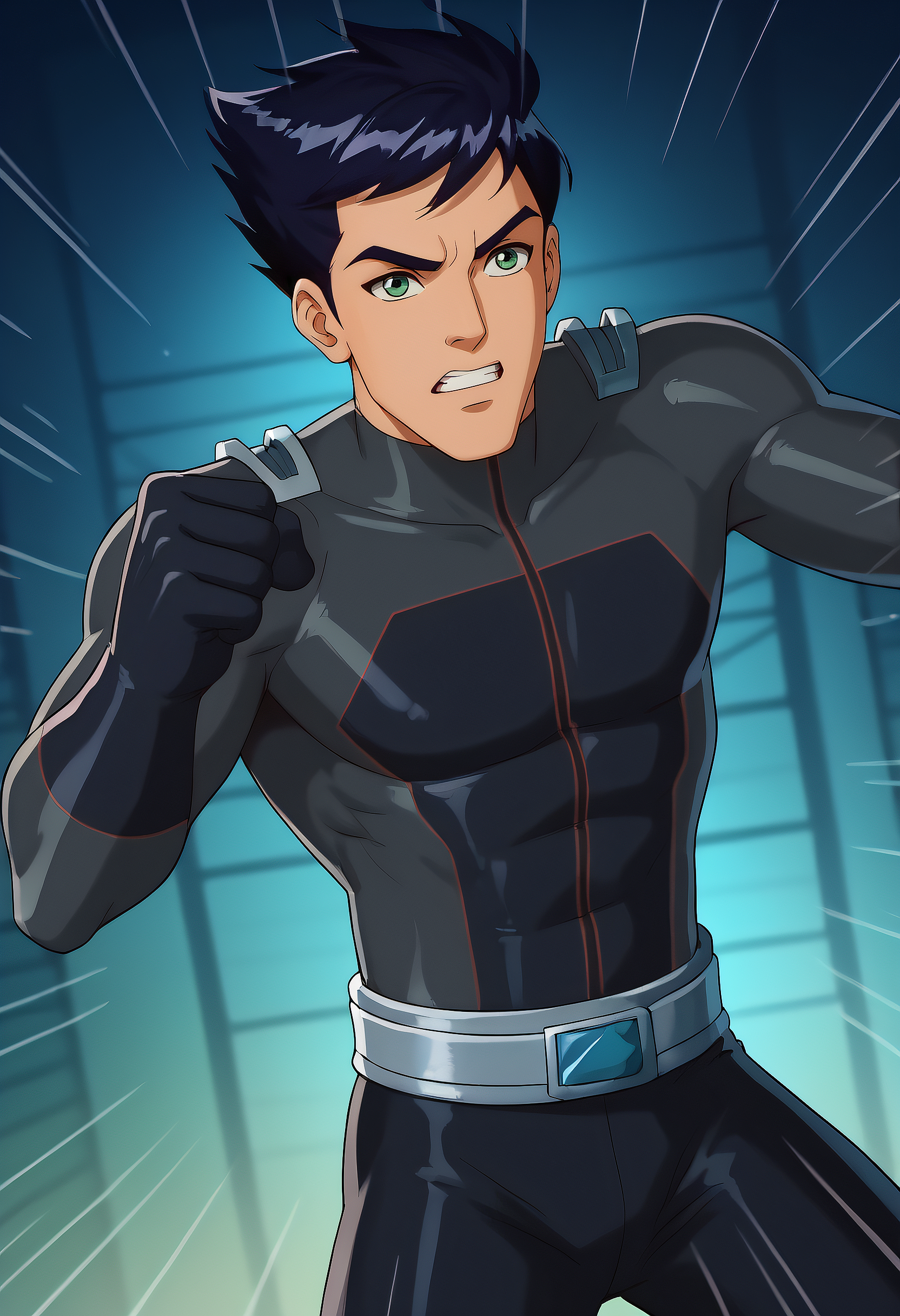 embedding:Pony\Positive\zPDXL3, score_9, score_8_up, score_7_up, 1boy, ss6_blaine_ts!, male focus, solo, upwards spiky hair, black hair, green eyes, muscular, bodysuit, navy grey catsuit, metallic shoulder pads, black gloves, silver belt, fist, charging, action, emphasis lines, motion blur, particles, dutch angle shot, vfx, depth of field, best quality, high resolution, masterpiece.