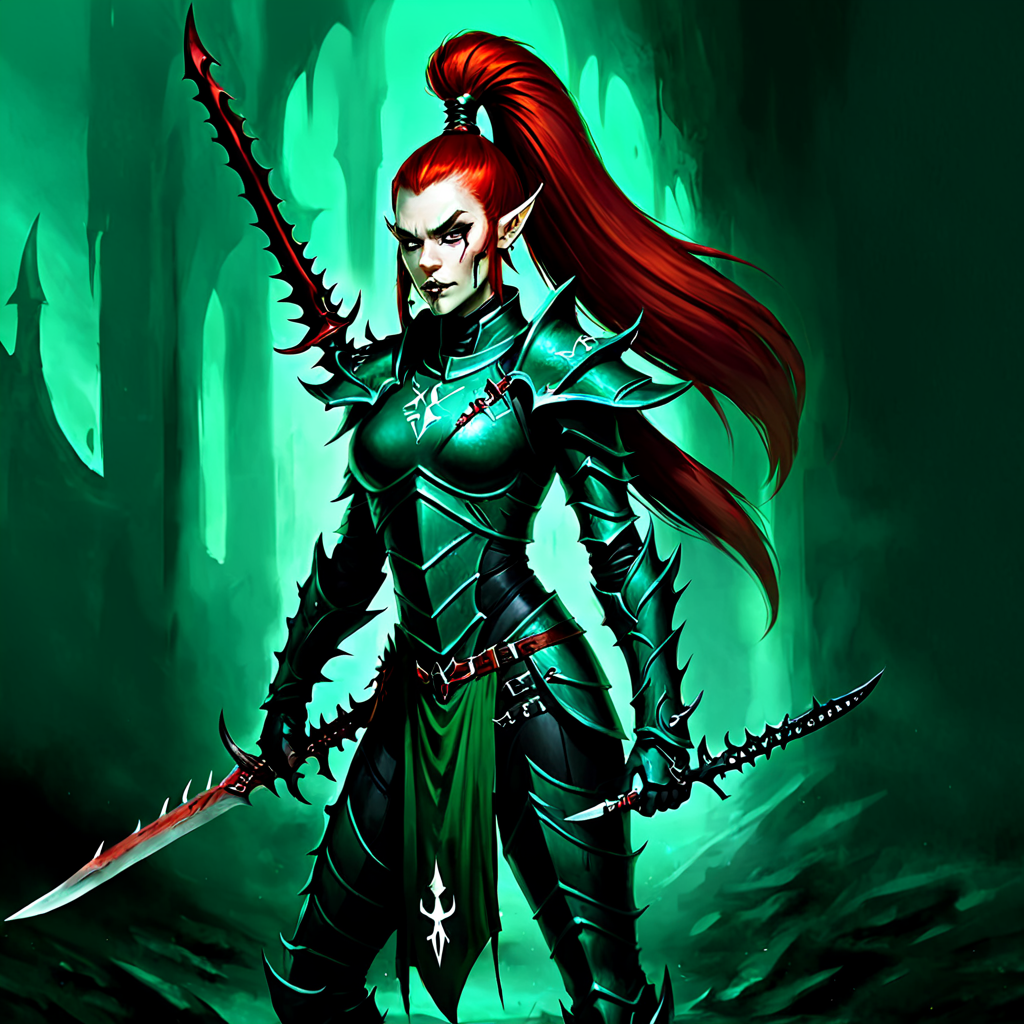 <lora:aeldari_xl_7:1> aeldari, drukhari, standart drukhari, drukhari's armor, 1girl, solo, long hair, hair ornament, ponytail, weapon, red hair, pointy ears, sword, hand on hip,  knife, shoulder armor, pauldrons, breastplate, dagger,  armor