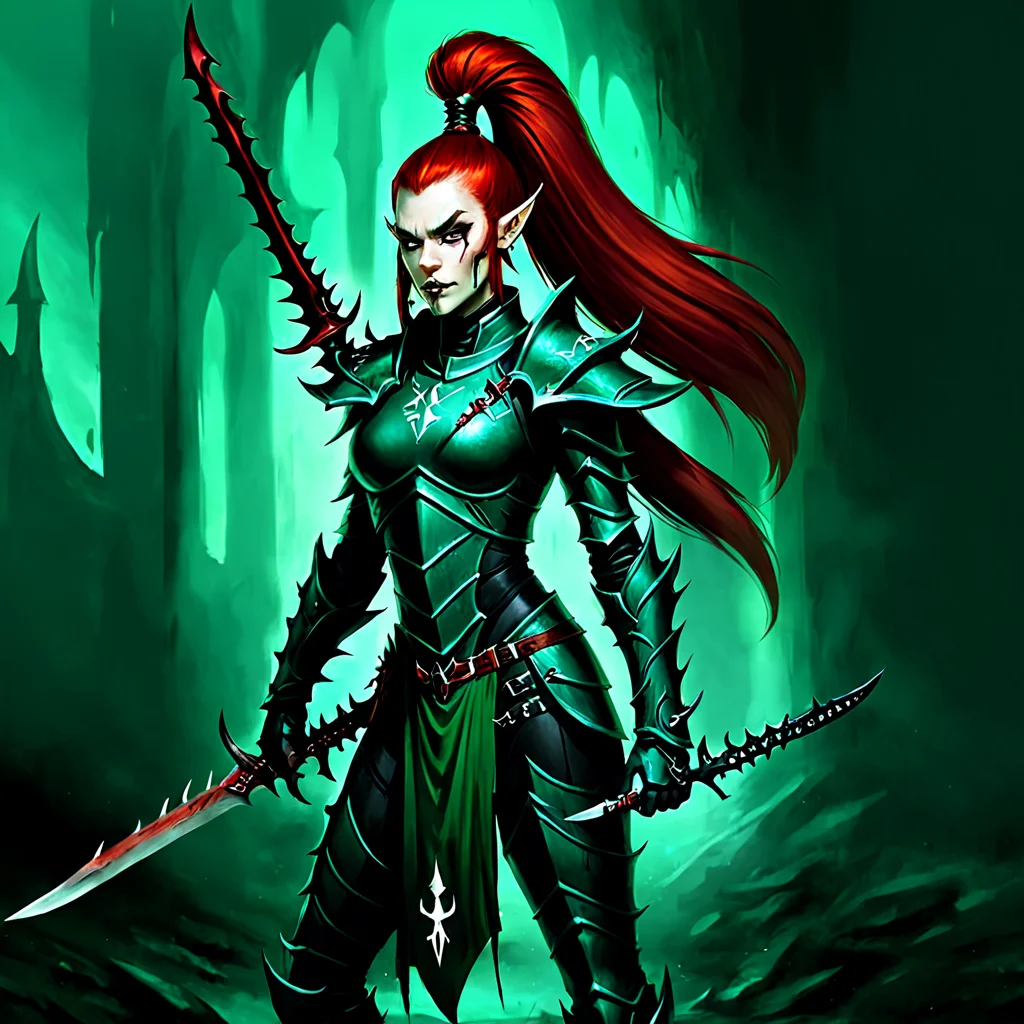 <lora:aeldari_xl_7:1> aeldari, drukhari, standart drukhari, drukhari's armor, 1girl, solo, long hair, hair ornament, ponytail, weapon, red hair, pointy ears, sword, hand on hip, knife, shoulder armor, pauldrons, breastplate, dagger, armor