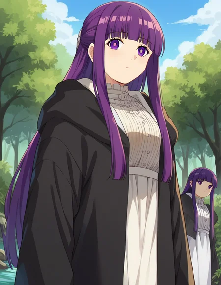 score_9, score_8_up, score_7_up, source_anime,
fern, <lora:fern-s1-ponyxl-lora-nochekaiser:1>,
fern, long hair, bangs, purple eyes, purple hair, sidelocks, blunt bangs, bright pupils, half updo,
long sleeves, dress, white dress, long dress, robe, black robe,
outdoors, nature, forest, trees, river, sun, sky, clouds,
looking at viewer, cowboy shot, dutch angle,