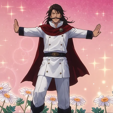 score_9, score_8_up, score_7_up, score_6_up, score_5_up, score_4_up, masterpiece, high quality, detailed
1man, long black hair, dark brown hair, huge mustache, pronounced cheekbones, long nose, thin eyebrows, white boots, brown eyes, (maroon-black cloak:1.1), broad chin, white uniform, close-up, full body, <lora:yhwach:1>
<lora:Jujutsu_meme_face:0.8> open mouth, arms outstretched, tilted torso, open hand gesture, leaning forward, one leg raised, pink gradient background, sparkles, bokeh effect, flowers, soft lighting