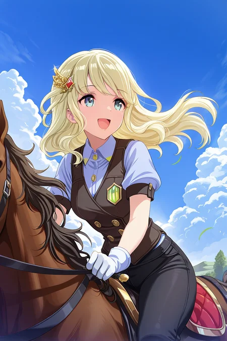 masterpiece, best quality, amazing quality,
<lora:Shiori_IL:1> shiori, 1girl, blonde hair, long hair, pants, gloves, horseback riding, riding, white gloves, shirt, vest, open mouth, short sleeves, black pants, sky, outdoors, horse, solo, smile, day, blue sky, floating hair, cloud, hair ornament, collared shirt, :d
