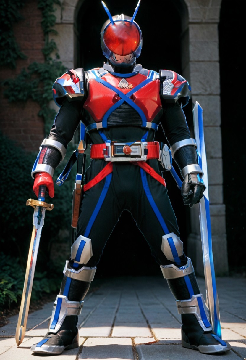 score_9, score_8, score_7, solo, armor, tokusatsu, bodysuit, helmet, rider belt, red gloves, sword, standing, blue bodysuit, blue trim, boots, full body, male focus, black gloves, holding weapon, black bodysuit, antennae, straight-on, red eyes, weapon, 1boy