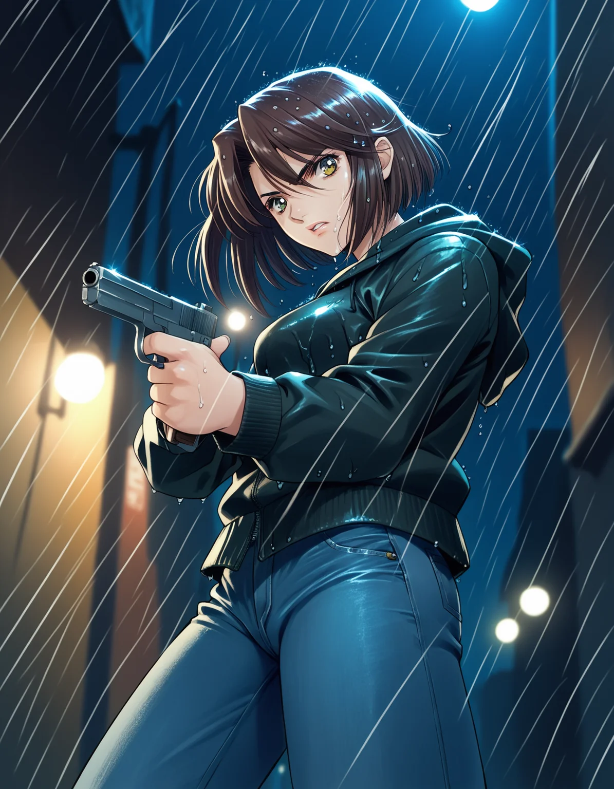 score_9, score_8_up, score_7_up, <lora:peridot-voice-ponyxl-000022:0.8> atsuko, streetwear, jeans,
alley, rain, wet hair, wet clothes, looking at viewer, holding handgun, aiming at viewer, determined, aiming, from below, from side, night, bokeh, dutch angle