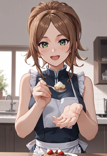 score_4,score_5,score_6,score_7_up,score_8_up,score_9 ((masterpiece,best quality,ultra detailed,highres,HD,4k:1.2)),
1girl, solo,solo focus,girl focus,face focus,
brown hair, long hair, ponytail, sidelocks, green eyes,large breasts,
((Apron, sleeveless, exposed arms, exposed shoulders, frilly aprons:1.1)), upper body, pov,feeding,looking at viewer,feeding, food,incoming food, holding spoon,
looking at viewer,blush,shy,smile,open mouth,
