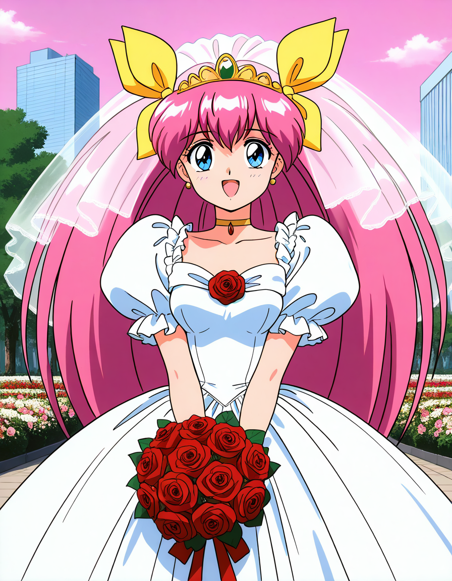general,highres, ultra-detailed,very aesthetic,best quality ,best hands,  BREAK <lora:Hanasaki_Momoko_IS:1>Hanasaki_Momoko, 1girl,solo, long hair, pink hair, blue eyes, yellow bow, breasts, a, hair bow, twintails, very long hair, hair ribbon, 1990s (style),anime coloring, smile,looking at viewer, cowboy_Shot,
solo, flower, dress, bouquet,  bow, wedding dress, choker, rose, jewelry, tiara, earrings, smile, 
puffy sleeves, open mouth, white dress, veil, short sleeves, happy, puffy short sleeves, ribbon, bride, frills, :d, holding, bridal veil, pink bow, pink background, looking at viewer
outdoor, day, sky, city,