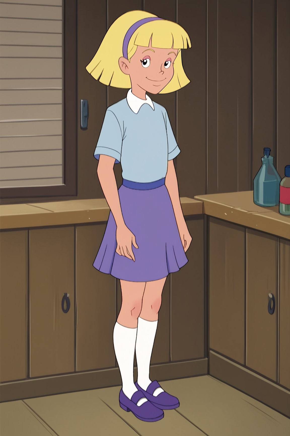 score_9, score_8_up, score_7_up, score_6_up, BREAK, AnnikaSPLXL, retro artstyle, blonde hair, short hair, blunt bangs, purple hairband, female child, flat chest, white collar shirt, blue shirt, short sleeves, purple skirt, white socks, purple shoes, solo, full body, standing, seductive smile, looking at viewer, indoors <lora:AnnikaSPLXL:1>