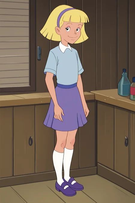 score_9, score_8_up, score_7_up, score_6_up, BREAK, AnnikaSPLXL, retro artstyle, blonde hair, short hair, blunt bangs, purple hairband, female child, flat chest, white collar shirt, blue shirt, short sleeves, purple skirt, white socks, purple shoes, solo, full body, standing, seductive smile, looking at viewer, indoors <lora:AnnikaSPLXL:1>
