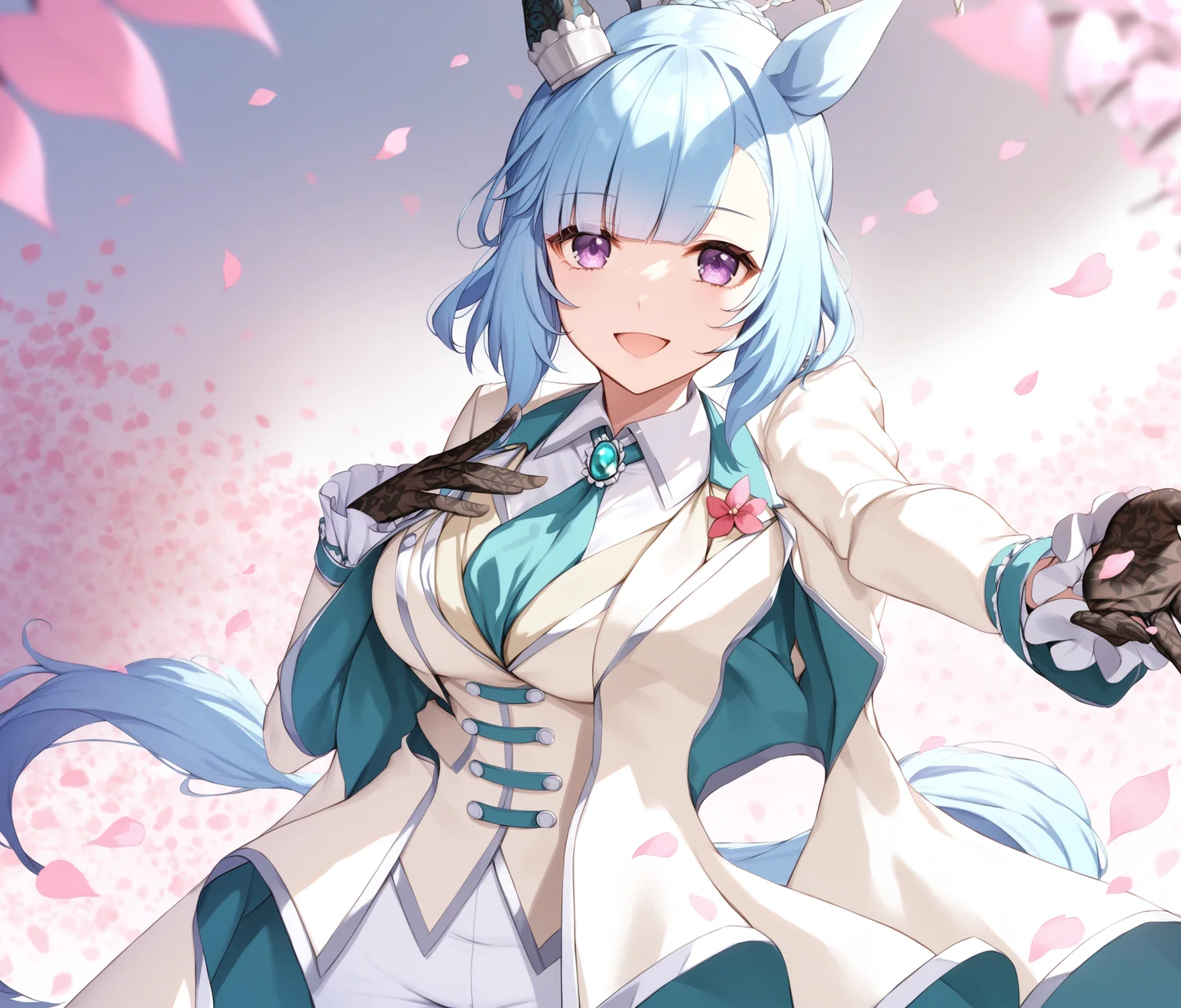 score_9, score_8_up, score_7_up, source_anime, 2D, anime BREAK
NE, 1girl, solo, purple eyes,
looking at viewer, smile, open mouth, bangs, blue eyes, shirt, gloves, long sleeves, animal ears, medium breasts, blue hair, standing, purple eyes, jacket, tail, braid, :d, necktie, black gloves, collared shirt, pants, hair bun, official alternate costume, petals, formal, single hair bun, white jacket, horse ears, suit, outstretched arm, hand on own chest, horse girl, horse tail, white pants, reaching towards viewer, five_fingers,
<lora:mejiro_ardan-ponyXL-000006:1>,