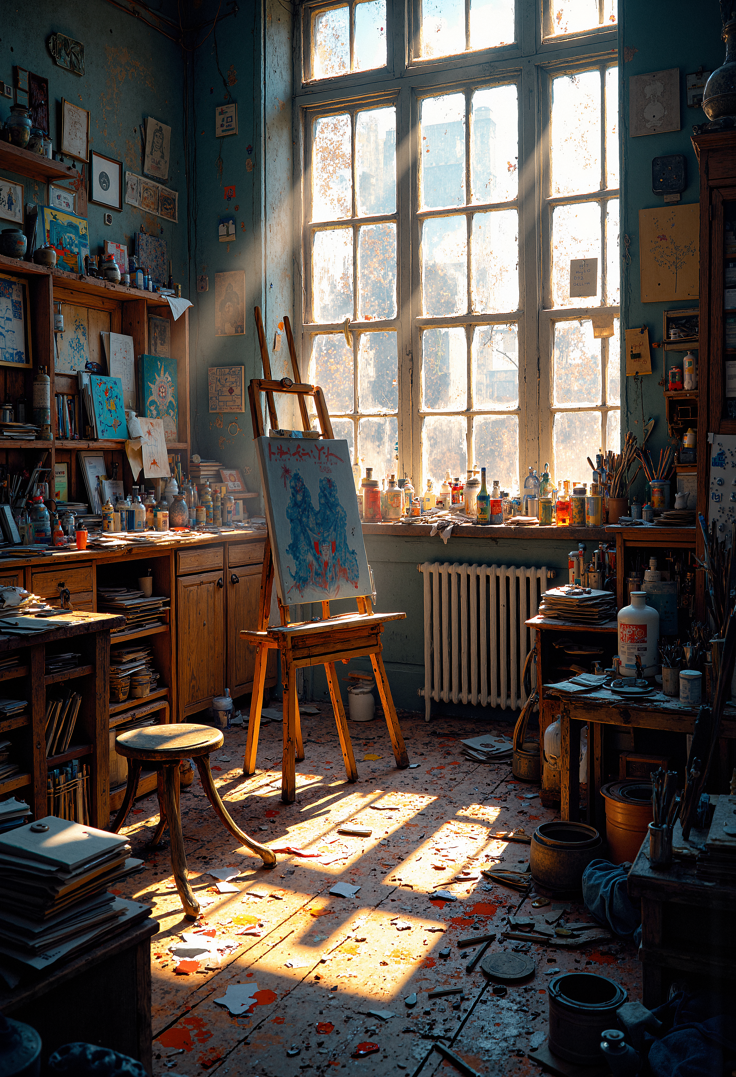A cluttered artist's studio filled with half-finished paintings, scattered brushes, and spilled paint. Sunlight streams through large, dusty windows, casting long beams of light that illuminate the chaos. The air is thick with creativity and disarray, with every surface covered in sketches, notes, and forgotten ideas. A single easel stands in the center, with a half-painted canvas that reflects the scattered brilliance of the artist's mind.   <lora:FluxMythP0rtr4itStyle:0.8> MythP0rt,  <lora:aidmaImageUpgrader-FLUX-V0.1:0.33> detailmaximizer,
