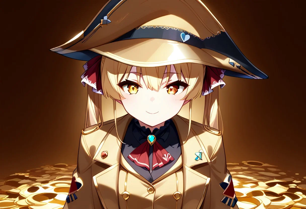 score_9, score_8_up, score_7_up, super aesthetic, rating:safe, rating:general, DeaverStyle, 1girl, solo, aua, red eyes, yellow eyes, heterochromia,  gold clothing, gold hat, fully-clothed, gloves, big coat, illustration, gold, cute, shiny skin, vivid colors, treasure room, gold treasure,