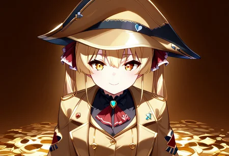 score_9, score_8_up, score_7_up, super aesthetic, rating:safe, rating:general, DeaverStyle, 1girl, solo, aua, red eyes, yellow eyes, heterochromia, gold clothing, gold hat, fully-clothed, gloves, big coat, illustration, gold, cute, shiny skin, vivid colors, treasure room, gold treasure,