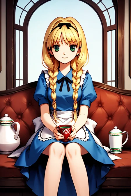 score_9, score_8_up, score_7_up, score_6_up, rating_safe, source_anime, best quality, masterpiece, detailed background, detailed eyes, 2.5d, sitting, knees together, front view, alice in wonderland outfit, drinking cup of tea, cowboy shot, <lora:satomura-akane-xl-05:1.2>, satomura akane, medium breasts, blonde hair, green eyes, smile