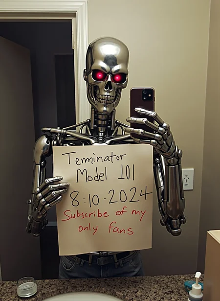 low quality iphone selfie photo of a terminator taking onlyfans selfie in mirror, he has red eyes, holding up sign saying "Terminator Model 101 8/10/2024 subscribe to my onlyfans!", clear handwriting on sign, bathroom mirror selfie