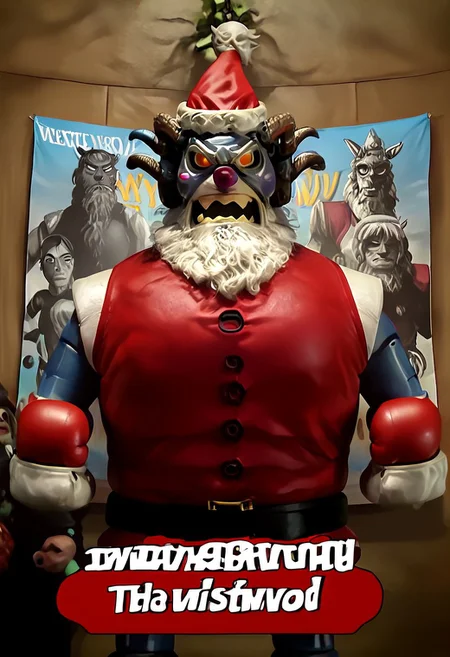 r0b0t_s4nta_c1aus, robot santa claus vs krampus, robot santa on the left, and krampus on the right,dramatic face-off, intense boxing poster, epic anime movie poster