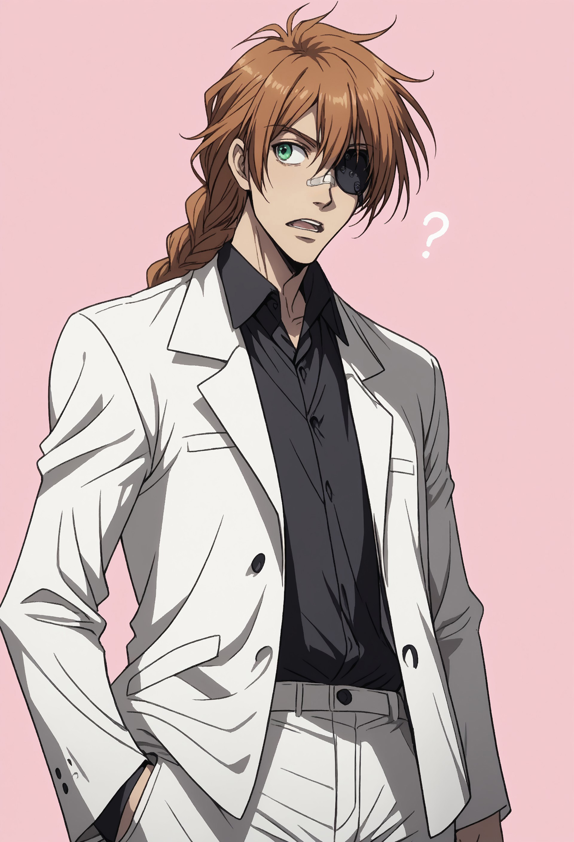 score_9, score_8_up, score_7_up, masterpiece, best quality, amazing quality, very aesthetic, absurdres, PipBernadotte, 1boy, solo, male focus, orange hair, braided ponytail, dark skin, green eyes, black eyepatch, bandaid on nose, RioPip, white jacket, black collared shirt, white pants, confused, open mouth, cowboy shot, looking to the side, hand in pocket, simple background, pink background, 