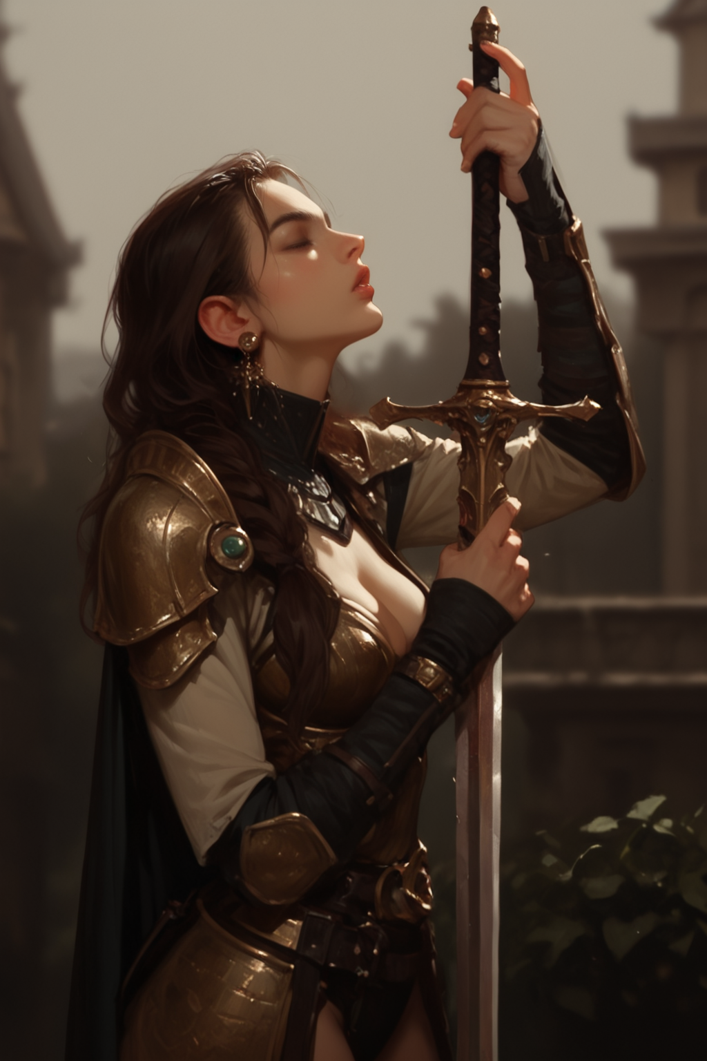 1girl, weapon, sword, solo, armor, holding, holding weapon, holding sword, earrings, cape, jewelry, blurry background, shoulder armor, brown hair, blurry, breasts, medium breasts, long hair, , lips, pauldrons, profile, science fiction, outdoors, from side, parted lips, artist name, zPDXL3, detailxl,  Score_PnyReal,