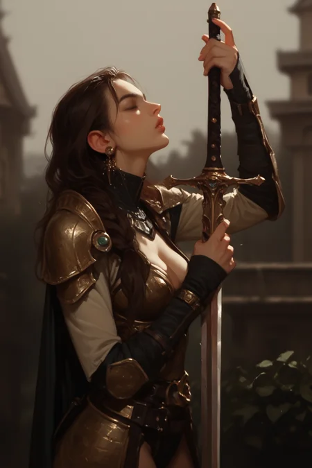 1girl, weapon, sword, solo, armor, holding, holding weapon, holding sword, earrings, cape, jewelry, blurry background, shoulder armor, brown hair, blurry, breasts, medium breasts, long hair, , lips, pauldrons, profile, science fiction, outdoors, from side, parted lips, artist name, zPDXL3, detailxl, Score_PnyReal,