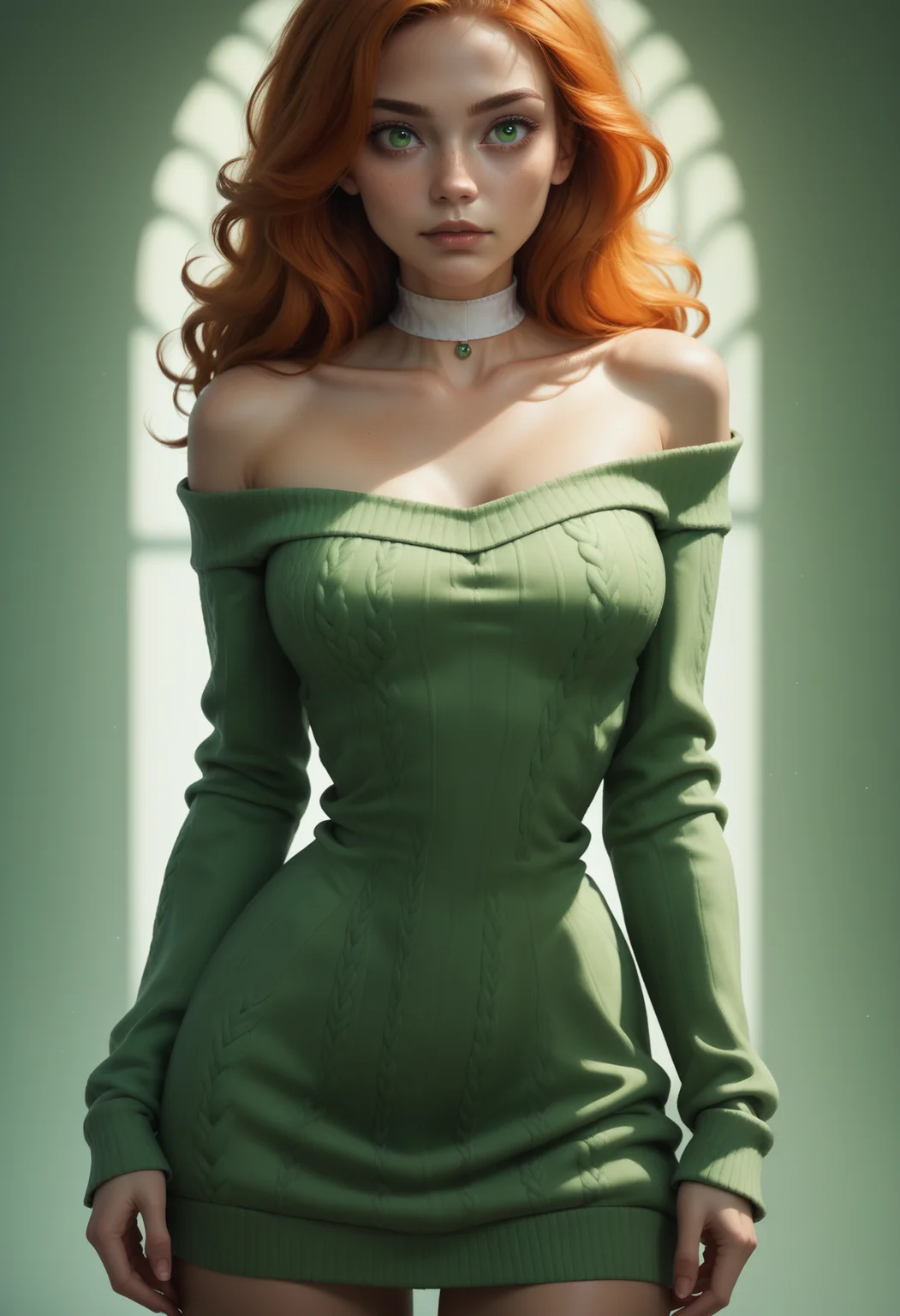 score_9, score_8_up, score_7_up,
1girl, solo, cowboy shot, sexy sweater dress, green dress, scoop neck, long sleeves, bare shoulders, white choker,
<lora:Dark_Erin_Pony_v0.1:0.5> d4rk3r1n, orange hair, green eyes,