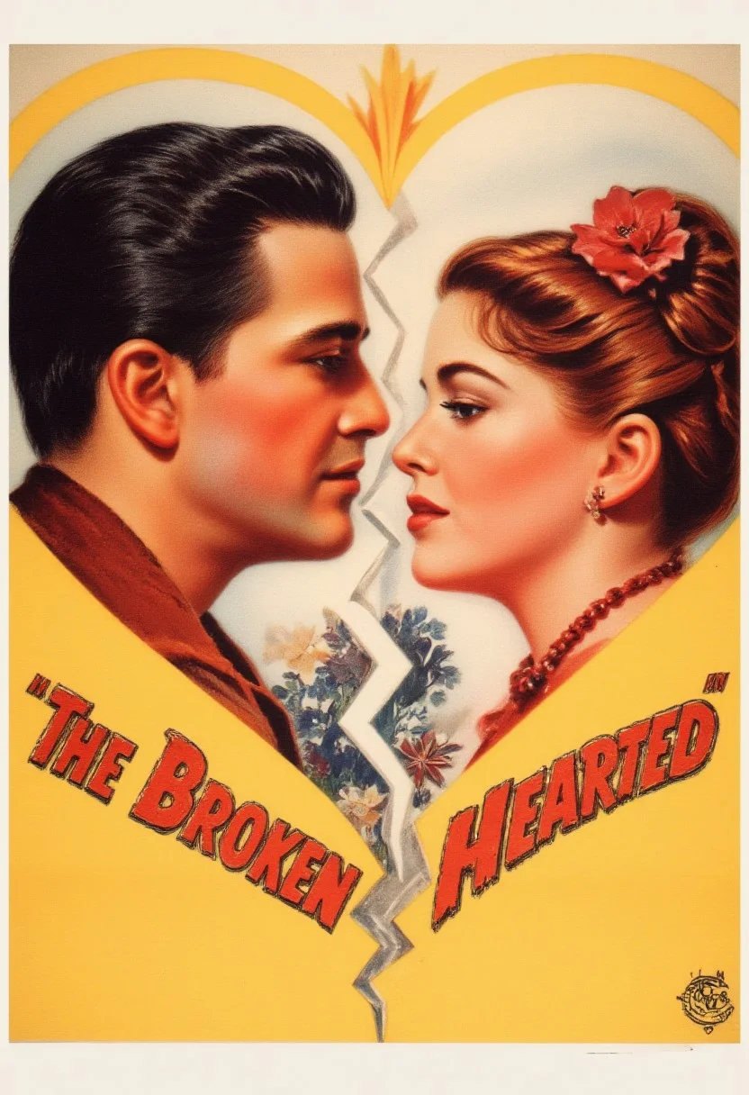 vintage movie poster, showing a heartbreak split heart, male face and a female face, looking at each other with a title at the top of the image "The Broken Hearted"