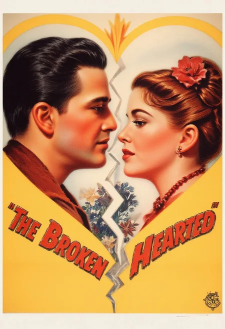 vintage movie poster, showing a heartbreak split heart, male face and a female face, looking at each other with a title at the top of the image "The Broken Hearted"