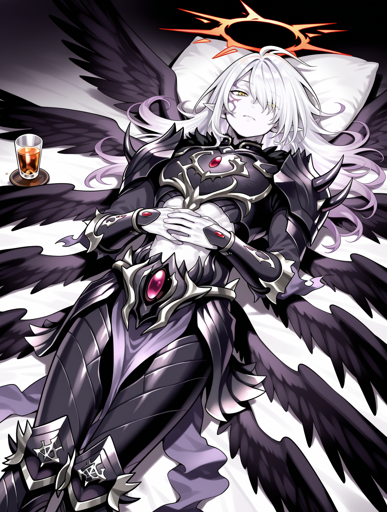 1boy, the first darklord, solo, facial tattoo, white skin, cup, red halo, lying, hair over one eye, closed mouth, male focus, angel, black angel wings, black armor, black armored boots, black breastplate, black pauldrons, black vambraces, purple pelvic curtain, multiple wings,
masterpiece,best quality,amazing quality,very aesthetic,absurdres,newest,<lora:The first DarkLord illusXL v1:0.77>,<lora:wai-2Rectified-V140:0.7>,