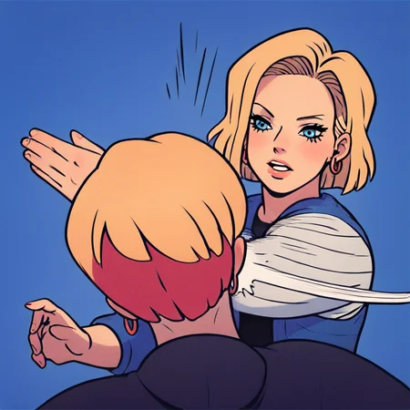 score_9, score_8_up, score_7_up, score_6_up, score_5_up, score_4_up, <lora:android-18-ponyxl-lora-nochekaiser:1> ,android 18, blonde hair, blue eyes, eyelashes, hoop earrings, short hair, earrings, <lora:batman_slap:1>, 2girl, slapping, slapping motion, motion lines, masterpiece, highres