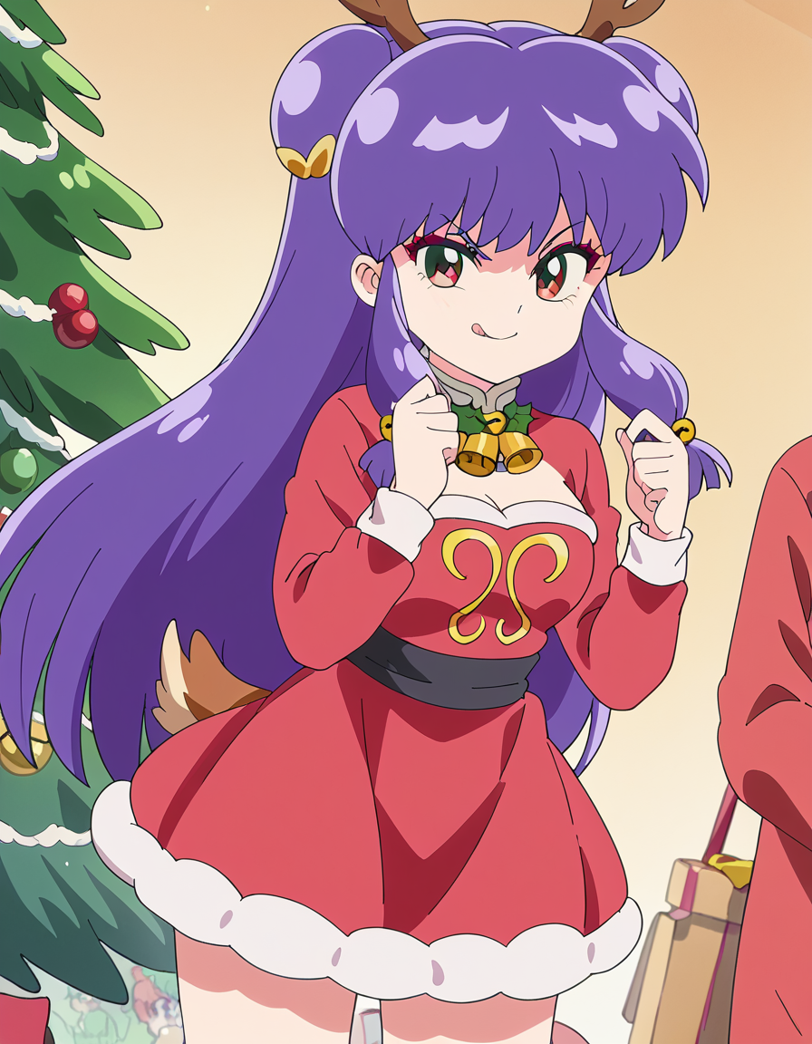 score_9, score_8_up, score_7_up, source_anime, <lora:shampoo-s1-ponyxl-lora-nochekaiser:1>, shampoo, shampoo (ranma 1/2), long hair, hair ornament, red eyes, purple hair, hair bun, double bun, medium breasts, anime screencap,, <lora:reindeer-costume-ponyxl-lora-nochekaiser:1>, reindeer costume, animal costume, reindeer antlers, antlers, fake antlers, reindeer hood, christmas, red nose, deer ears, deer tail, christmas tree, bell, horns, reindeer,, blush, smile, tongue out, looking at viewer,, , dutch angle, cowboy shot