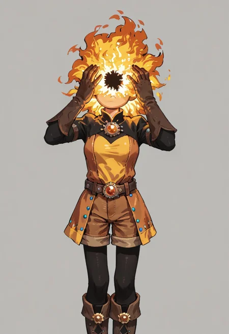 score_9, score_8_up, score_7_up, solo,
lord_of_frenzy, fire head,
novakin, faceless, no eyes, no mouth, no nose, no facial features, short fiery yellow orange hair, body made of black plasma,
open hands, hands on face front,
hands on own head,
magical girl outfit, (steampunk dress:1.1), boots, (brown shorts:1.1), black tights, medium breasts, belt, gloves,
(headache:1.1), (mad:1.1), (lean back:1.1), (dynamic pose:1.2), head up, head tilt,
simple background, grey background,
in yoshidanatsumi artstyle