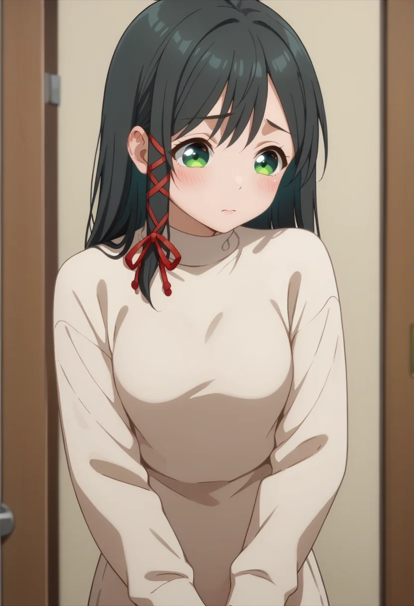 score_9, score_8_up,
1girl, <lora:AmagamiYae_Amagamisan_PDXL:0.9>, amagamiyae, black hair, green eyes, red ribbon, hair ribbon,
sweater dress,
shy, blush