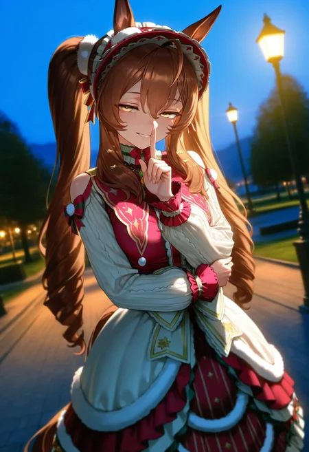 masterpiece, best quality, amazing quality, very aesthetic, high resolution, ultra-detailed, absurdres, newest, scenery,
1girl, umamusume, mejiro bright \(starry snow lolita\)\(umamusume\),
horse girl, horse tail,
outdoors, park,
standing, shushing, narrowed eyes, seductive smile, hand on own elbow, <lora:starrysnowlolitaillv1:1>, glowing, colorful, photorealistic, shiny_skin,dutch angle, <lora:arcain-2411:0.4>,, HDR,photo background,detailed eyes,detailed hands,detailed clothing,detailed shading,dim lighting,chiaroscuro,BREAK depth of field,masterpiece,best quality,amazing quality,very aesthetic,high resolution,ultra-detailed,absurdres,newest,scenery,volumetric lighting,