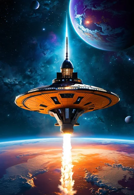 futurist spaceship, advanced propulsion system igniting, stars ahead blurring and stretching, planet earth in the background, faint glow of exotic energy envelops the ship symbolizing its transition into space, awe-inspiring wonder and excitement as ship's crew embarks on a journey to the unknown, thrill of discovery and exploration as the ship heads towards the infinite cosmos, Deep blues and purples for the darkness of space, nergetic oranges and yellows for the ship's energy and propulsion.